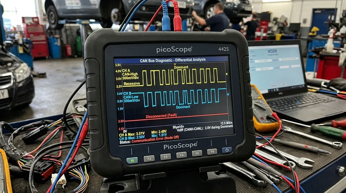 Двухканальный осциллограф PicoScope 4425 фиксирует сигналы CAN-High и CAN-Low с линией ошибки отсутствия связи