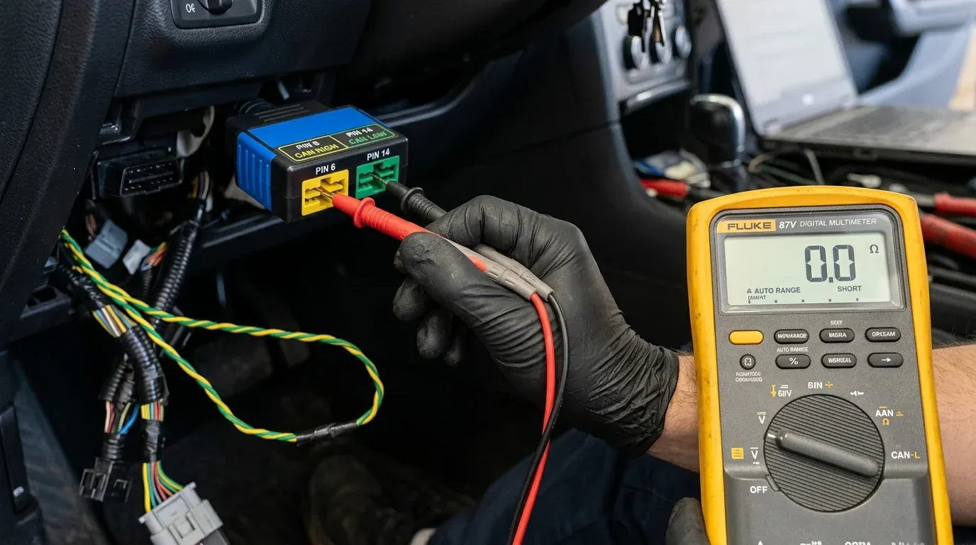 Замер сопротивления между пинами 6 и 14 колодки OBD-2 цифровым мультиметром с фиксацией короткого замыкания