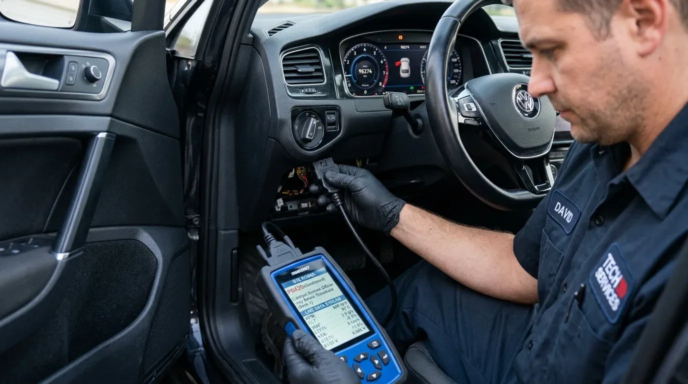 Подключение портативного сканера к диагностическому разъему DLC OBD-2 в автомобиле