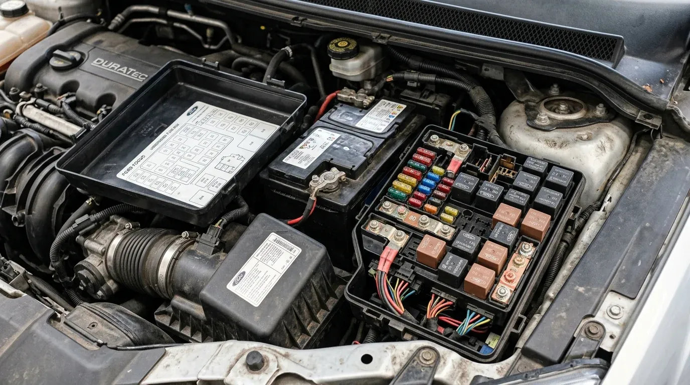 Открытый подкапотный блок предохранителей Ford Focus 2 рядом с мотором Duratec, аккумулятором и корпусом воздушного фильтра