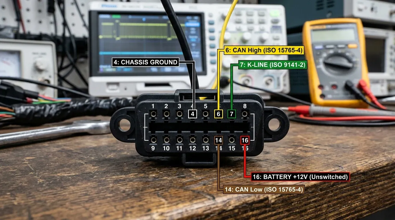 Распиновка разъема OBD-2: назначение 16 контактов