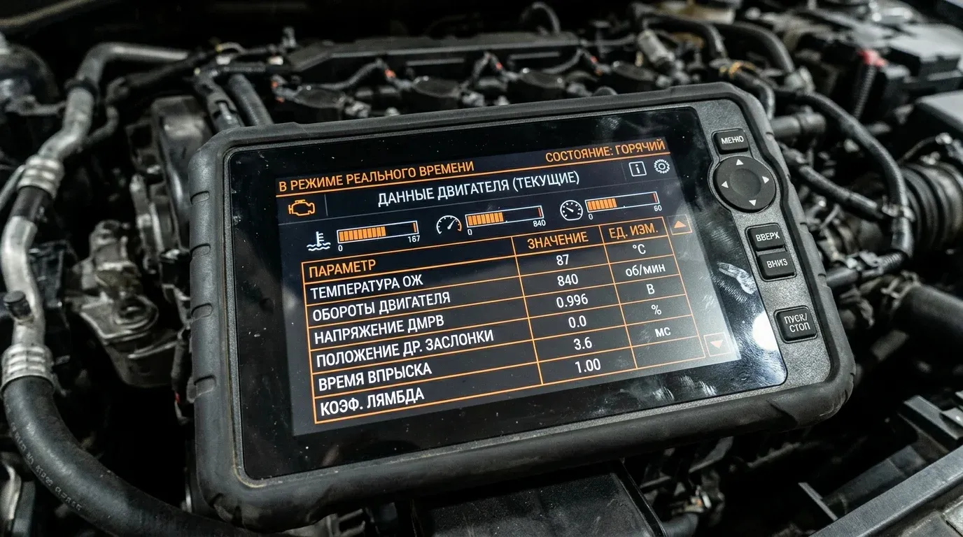 Окно текущих параметров двигателя в программе OpenDiag с показаниями оборотов, АЦП ДМРВ и времени впрыска