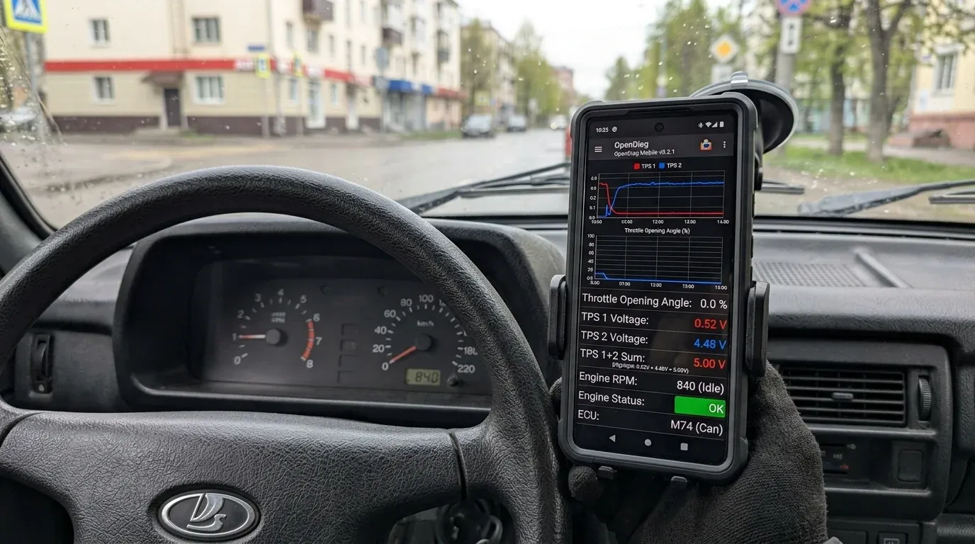 Интерфейс мобильного приложения OpenDiag Mobile на смартфоне в салоне ВАЗ отображает параметры положения дросселя и сумму напряжений ДПДЗ ровно 5.00 В