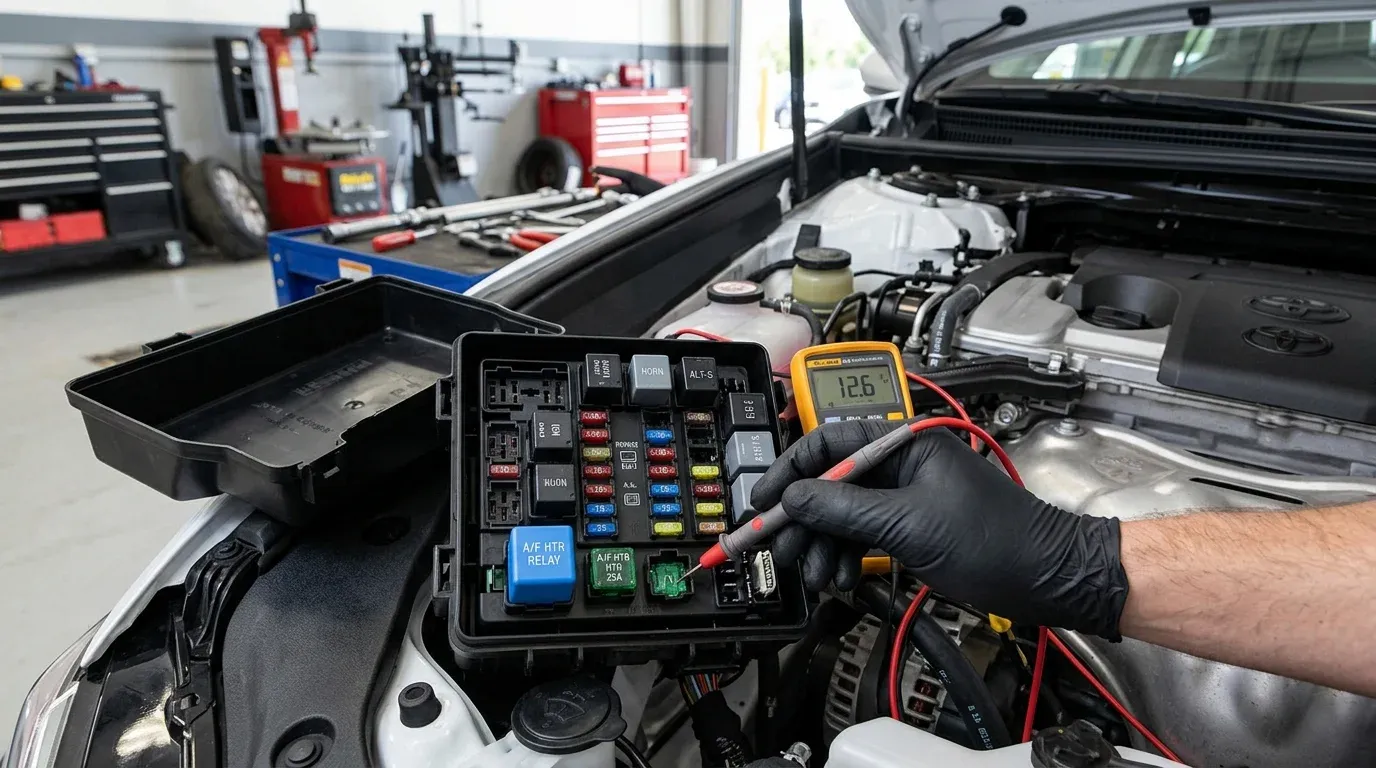 Подкапотный блок предохранителей Toyota с указанием реле и предохранителя A/F HTR 25A